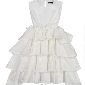 Rowe ivory tiered ruffle dress beautiful fabric pearl button closure at back